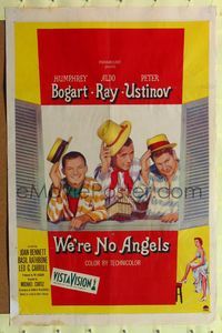 1y959 WE'RE NO ANGELS 1sh '55 art of Humphrey Bogart, Aldo Ray & Peter Ustinov tipping their hats!