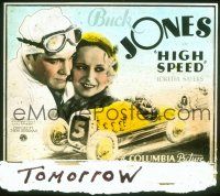 2a134 HIGH SPEED glass slide '32 c/u of Buck Jones & Loretta Sayers + cool race car art!