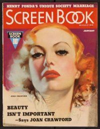 2a069 SCREEN BOOK magazine January 1937 wonderful art of Joan Crawford by Mozert!