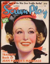 2a063 SCREEN PLAY magazine July 1936 wonderful artwork of pretty Grace Moore by Marren!