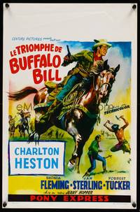 2b286 PONY EXPRESS Belgian R60s Wik art of Charlton Heston as Buffalo Bill on horseback!