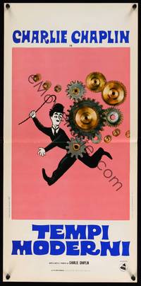 2b799 MODERN TIMES Italian locandina R72 classic Charlie Chaplin, great art of tramp w/cane!