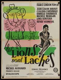 2c308 LIONS ARE LOOSE French 24x32 '61 great art of Claudia Cardinale & wacky lions by Noel!
