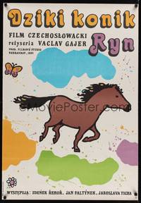 2c580 DIVOKY KONIK RYN Polish 27x38 '81 cool art or horse & butterfly by Jan Mlodozeniec!