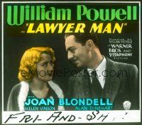 2d142 LAWYER MAN glass slide '33 super close up of William Powell staring at Joan Blondell!