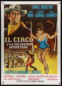 2e023 CIRCUS WORLD Italian 1p '65 different art of Claudia Cardinale on trapeze & John Wayne!