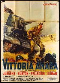 2e165 BITTER VICTORY Italian 2p '58 Nicholas Ray, art of Richard Burton & tank by Luigi Martinati!