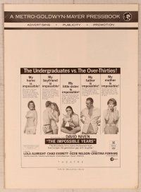2f213 IMPOSSIBLE YEARS pressbook '68 David Niven, sexy Cristina Ferrare, undergrads vs. over-30s!
