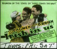 2g146 IRISH IN US glass slide '35 Olivia De Havilland between boxer James Cagney & Pat O'Brien!