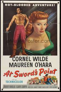 2h047 AT SWORD'S POINT 1sh '52 full-length Cornel Wilde, super close up of sexy Maureen O'Hara!