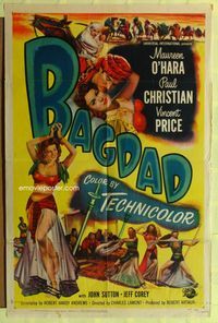 2h062 BAGDAD 1sh '50 art of Maureen O'Hara in sexiest harem outfit + Vincent Price on horse!