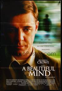 2h072 BEAUTIFUL MIND DS 1sh '01 Ron Howard directed, paranoid-schizophrenic Russell Crowe!