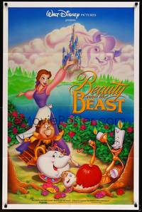 2h073 BEAUTY & THE BEAST DS 1sh '91 Walt Disney cartoon classic, cool art of cast!