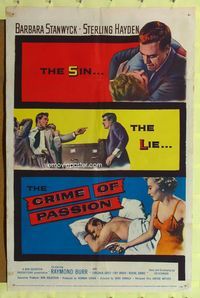 2h192 CRIME OF PASSION 1sh '57 sexy Barbara Stanwyck reaches for gun to shoot Sterling Hayden!