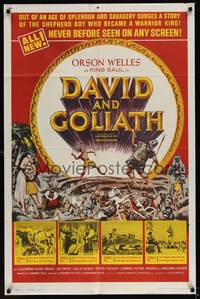 2h205 DAVID & GOLIATH 1sh '61 Orson Welles as King Saul, cool battle artwork!
