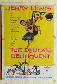 2h218 DELICATE DELINQUENT 1sh '57 wacky teen-age terror Jerry Lewis hanging from light post!