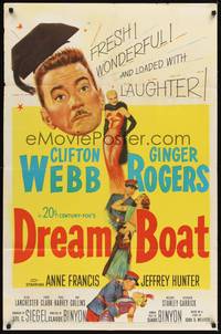 2h242 DREAM BOAT 1sh '52 sexy Ginger Rogers was professor Clifton Webb's co-star in silent movies!