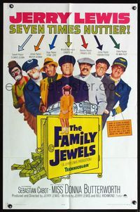 2h275 FAMILY JEWELS 1sh '65 Jerry Lewis is seven times nuttier in seven roles, wacky art!