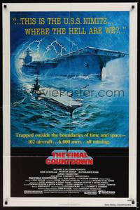 2h287 FINAL COUNTDOWN 1sh '80 cool sci-fi artwork of the U.S.S. Nimitz aircraft carrier!