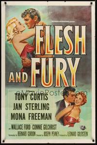 2h297 FLESH & FURY 1sh '52 boxer Tony Curtis has fury in his fists & naked hunger in his heart!