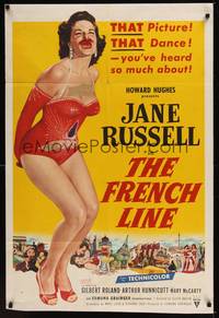 2h312 FRENCH LINE 1sh '54 Howard Hughes, art of sexy Jane Russell in skimpy outfit!