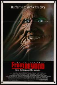2h315 FROM BEYOND 1sh '86 H.P. Lovecraft, wild sci-fi horror image, humans are such easy prey!