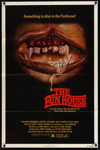 2h317 FUNHOUSE 1sh '81 Tobe Hooper, creepy close up of drooling mouth with nasty teeth!