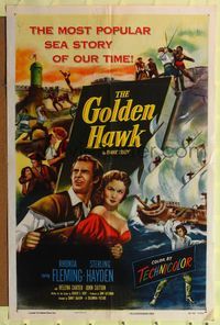 2h328 GOLDEN HAWK style A 1sh '52 art of pretty Rhonda Fleming & swashbuckling Sterling Hayden!