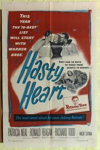2h368 HASTY HEART 1sh '50 Ronald Reagan & Patricia Neal help Richard Todd!