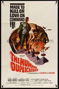 2h401 HUMAN DUPLICATORS 1sh '64 cool horror art of monsters made to kill or love on command!