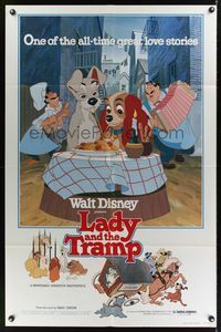 2h458 LADY & THE TRAMP 1sh R80 Walt Disney romantic canine dog classic cartoon!