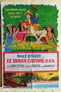 2h505 LT. ROBIN CRUSOE, U.S.N. style A 1sh '66 Disney, cool art of Dick Van Dyke with island babes!