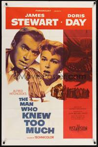 2h533 MAN WHO KNEW TOO MUCH 1sh '56 Alfred Hitchcock, husband & wife Jimmy Stewart & Doris Day!