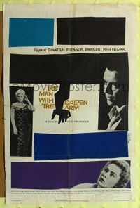 2h534 MAN WITH THE GOLDEN ARM 1sh '56 Frank Sinatra is hooked, classic Saul Bass art and design!