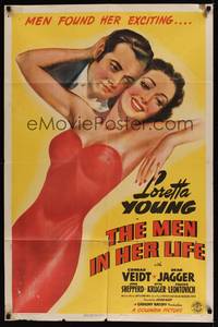 2h559 MEN IN HER LIFE style B 1sh '41 great art of Loretta Young in sexy dress, Conrad Veidt!
