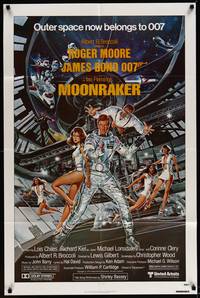 2h572 MOONRAKER 1sh '79 art of Roger Moore as James Bond & sexy babes in space by Gouzee!