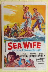 2h753 SEA WIFE 1sh '57 great castaway art of sexy Joan Collins & Richard Burton on raft at sea!