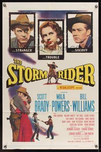 2h817 STORM RIDER 1sh '57 stranger Scott Brady, sheriff Bill Williams, Mala Powers is trouble!