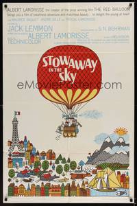 2h821 STOWAWAY IN THE SKY 1sh '62 from Albert Lamorisse of Red Balloon fame, cool art by Einsel!