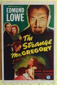 2h825 STRANGE MR. GREGORY 1sh '45 close-up of mysterious Edmund Lowe, Jean Rogers!