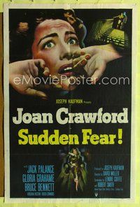 2h831 SUDDEN FEAR style A 1sh '52 extreme close-up of terrified Joan Crawford!