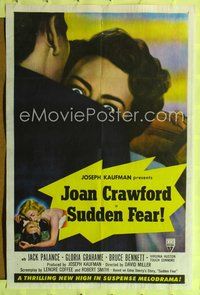 2h832 SUDDEN FEAR style B 1sh '52 scared Joan Crawford being held by Jack Palance!