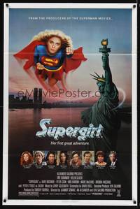 2h835 SUPERGIRL 1sh '84 super Helen Slater in costume flying over Statue of Liberty!