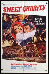 2h842 SWEET CHARITY 1sh '69 Bob Fosse musical starring Shirley MacLaine, it's all about love!