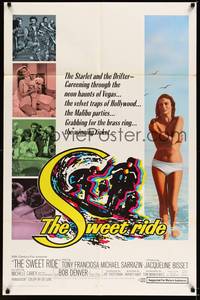 2h843 SWEET RIDE 1sh '68 1st Jacqueline Bisset standing topless in bikini, cool surfing art!
