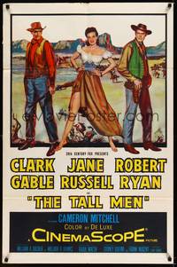2h849 TALL MEN 1sh '55 full-length art of Clark Gable, sexy Jane Russell showing leg, Robert Ryan!