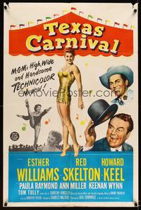 2h867 TEXAS CARNIVAL 1sh '51 Red Skelton, art of sexy Esther Williams in skimpy outfit at fair!