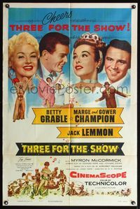 2h882 THREE FOR THE SHOW 1sh '54 Betty Grable, Jack Lemmon, Marge & Gower Champion!