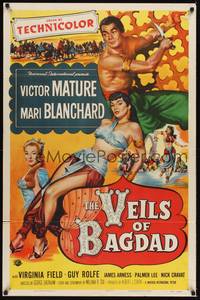 2h939 VEILS OF BAGDAD 1sh '53 art of Victor Mature & sexy harem girl Mari Blanchard!