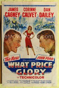 2h960 WHAT PRICE GLORY 1sh '52 art of James Cagney, Corinne Calvet, & Dan Dailey, John Ford!
